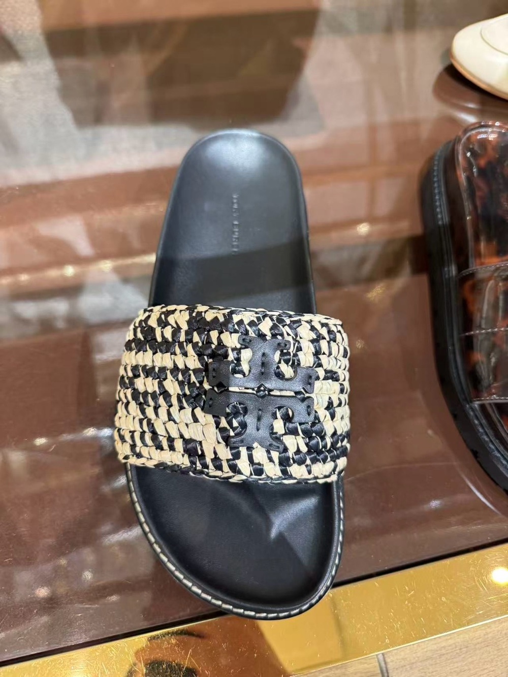 Tory Burch anatomic lug Woven Black and Natural Slide Sandal